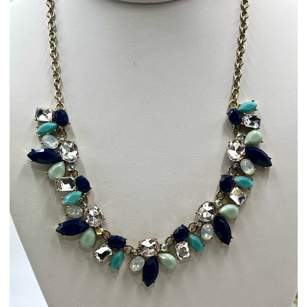 J. Crew Got the BLues,‎ Dark Blue Mint Aqua Opal Rhinestone Gold Tone Necklace